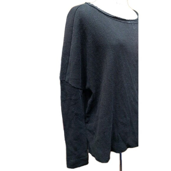 Anthropologie Thermal Waffle Knit Top Women's Sz S Black Boxy Oversized Raw Edge - Picture 8 of 8